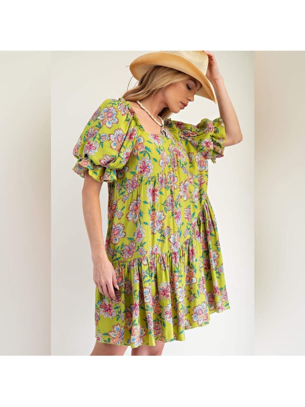 Easel Los Angeles Floral Puff-Sleeve Lime Green Baby Doll dress with Pockets